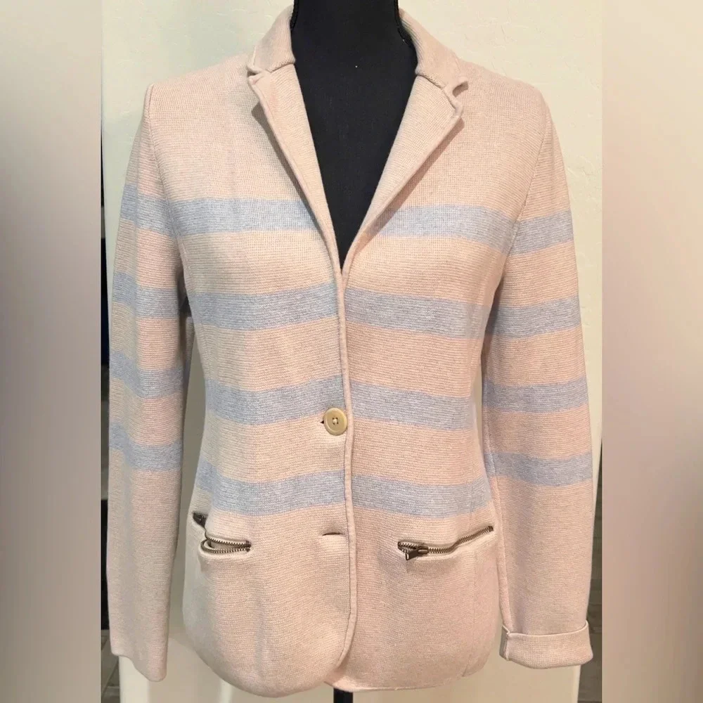 Talbots Medium Cotton Blend Beige and Light blue striped blazer